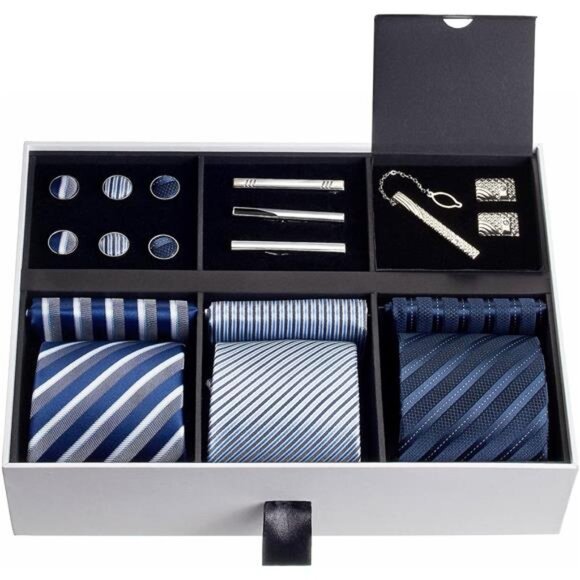 Premium Men’s Gift Tie Set Silky Necktie Pocket Squares Tie Clips Cufflinks - Picture 2 of 8